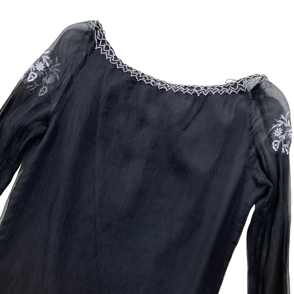 Robbie B Vintage Y2K Silk Boho Embroidered Blouse Size 8 Whimsygoth Black White